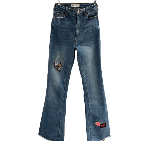 Zara Denim Jeans, Upcycled Sexy Patches, High Waisted, Flare Leg, Curvy Fit 36 - Picture 2 of 7
